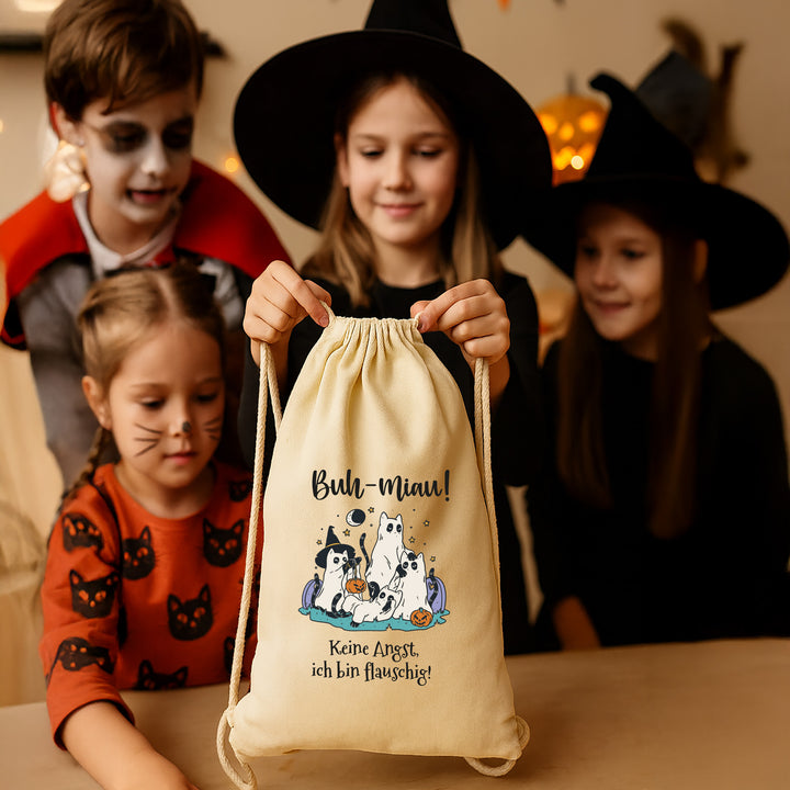 Kinder Halloween Tasche „Süß oder Sauer?“ – Stoffbeutel mit Kordeln aus Bio-Baumwolle