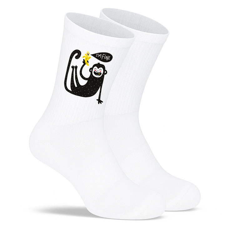 Lustige Socken „I’m Fine“ – Affe mit Banane | Witzige Motivsocken aus Bio-Baumwolle | Made in Europe