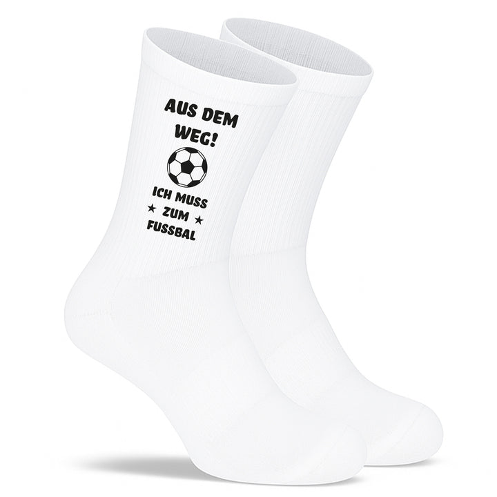 Socken „Aus dem Weg. Ich muss zum Fußball“ | Lustige Fußball-Socken | Geschenk für Fußballfans & Kicker