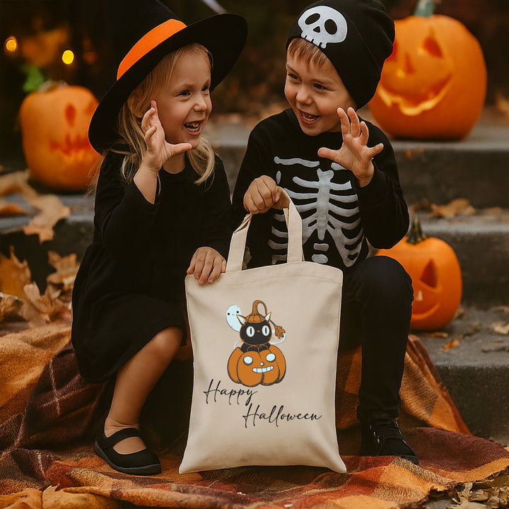 Kinder Halloween Tasche „Happy Halloween“ – Süßes oder Saures Beutel aus Bio-Baumwolle