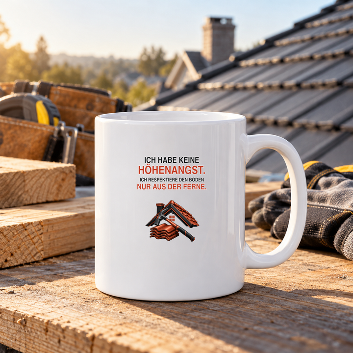 Dachdecker Tasse mit Humor auf dem Dach – Lifestyle