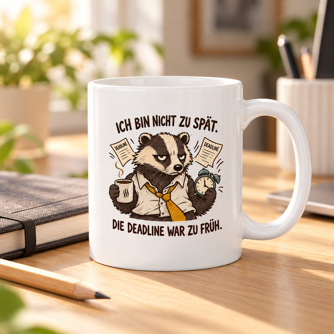 Lustige Dachs-Tasse auf dem Schreibtisch