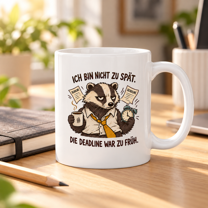 Lustige Dachs-Tasse auf dem Schreibtisch