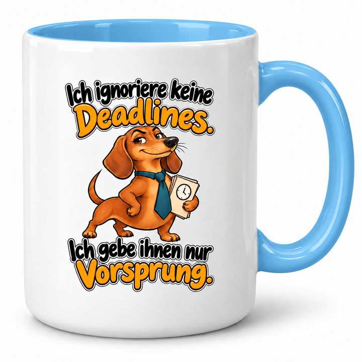 Dackel-Tasse „Deadline mit Vorsprung“ – Blau