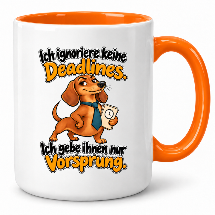 Dackel-Tasse „Deadline mit Vorsprung“ – Orange