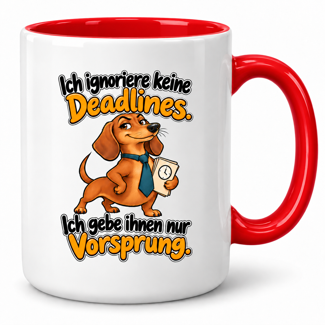 Dackel-Tasse „Deadline mit Vorsprung“ – Rot