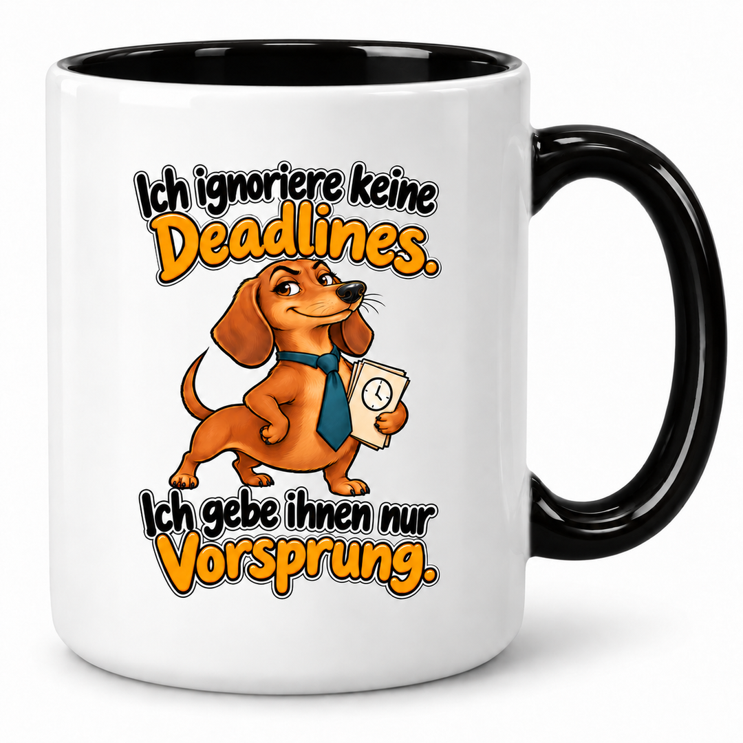 Dackel-Tasse „Deadline mit Vorsprung“ – Schwarz