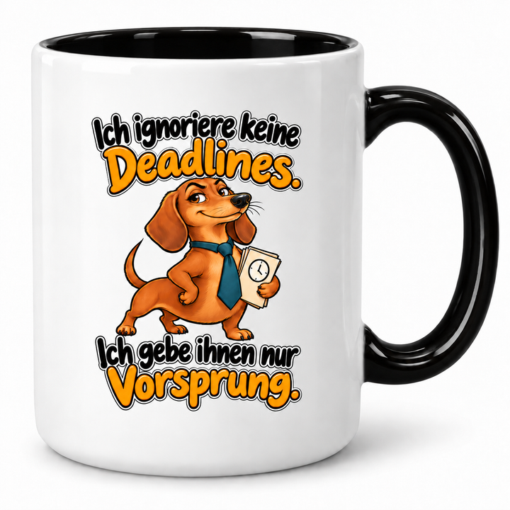 Dackel-Tasse „Deadline mit Vorsprung“ – Schwarz