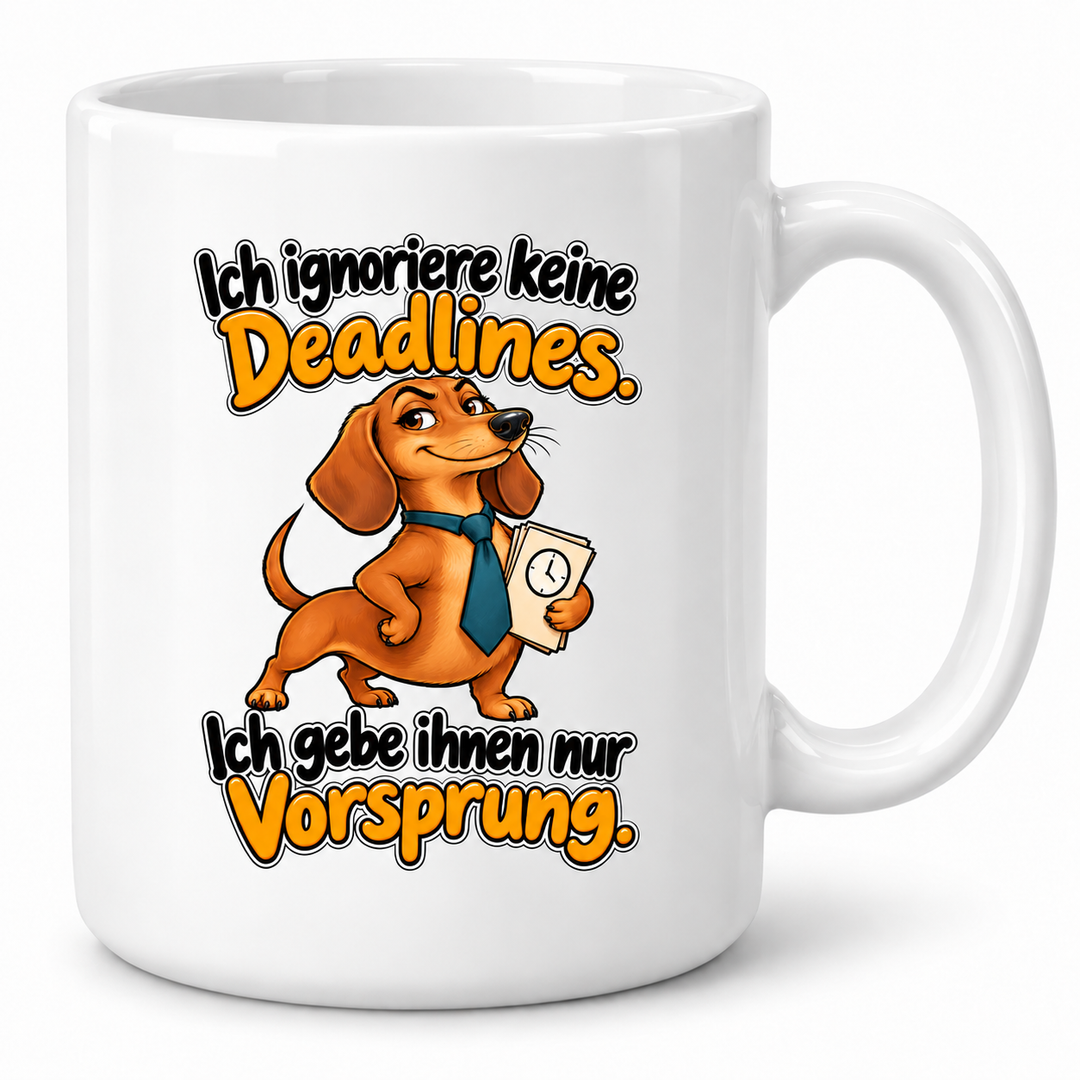 Dackel-Tasse „Deadline mit Vorsprung“ – Weiß