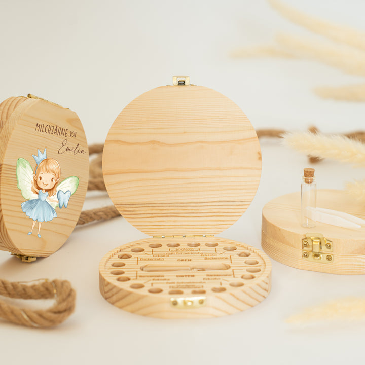 Personalisierte Zahndose mit Zahnfee & Zahn-Motiv | Magische Holzbox für Milchzähne | Geschenk zur Einschulung, Taufe & Zahnverlust