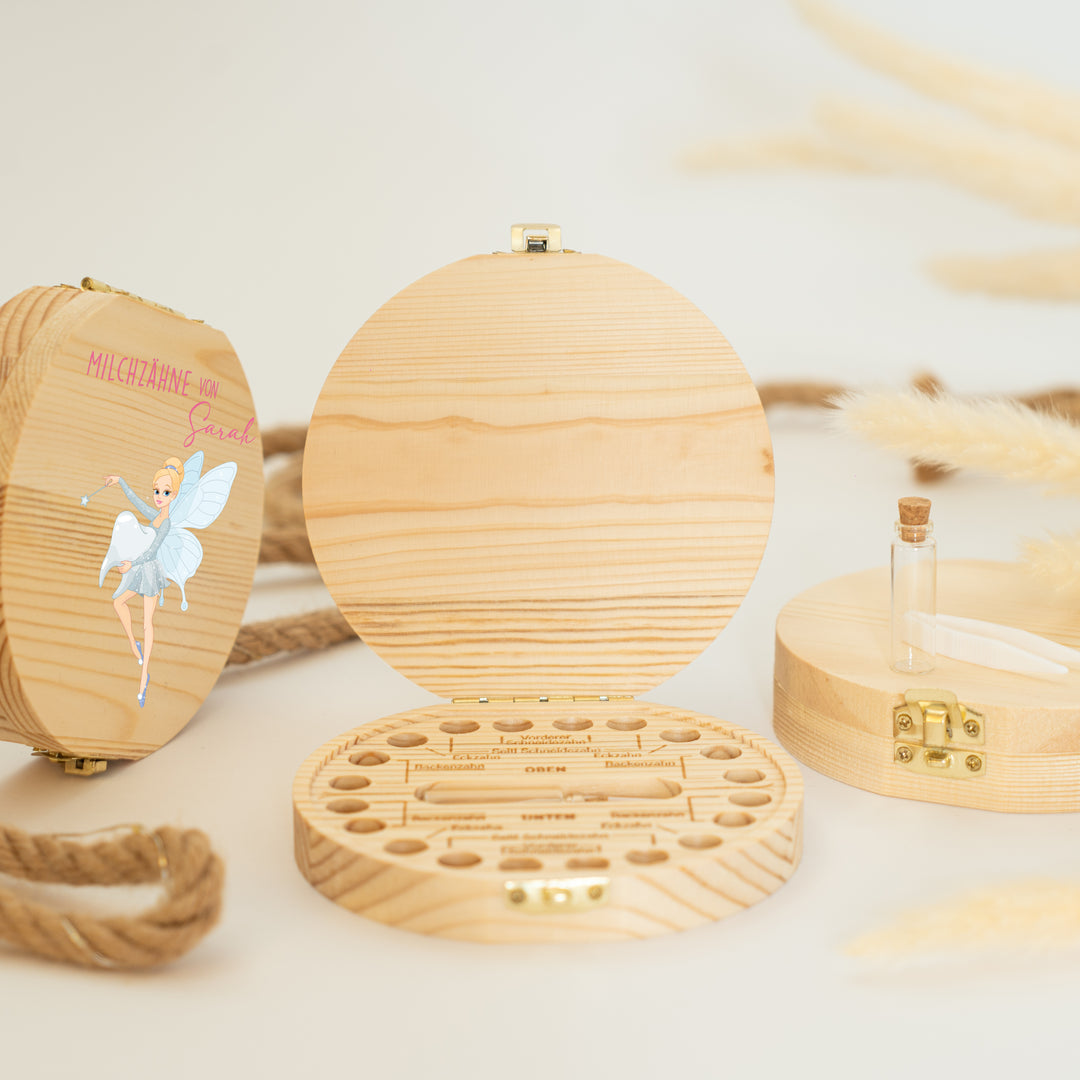 Personalisierte Zahndose mit Fee-Motiv  | Zauberhafte Holzbox für Milchzähne | Geschenk zur Zahnfee, Taufe & Einschulung