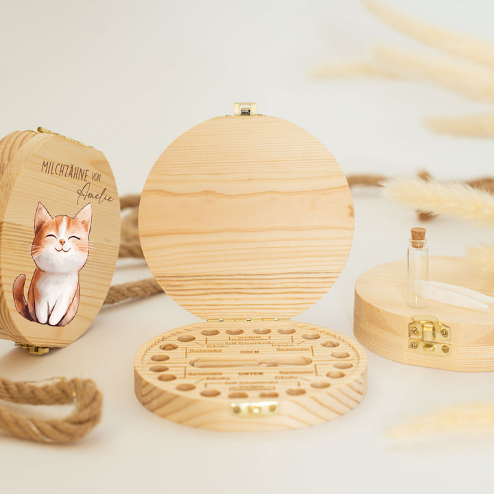 Personalisierte Zahndose mit Katzenmotiv | Holzbox für Milchzähne | Geschenk zum Geburtstag, zur Taufe & Zahnfee