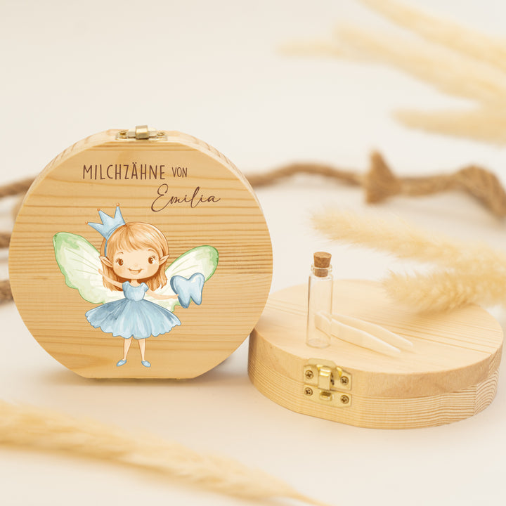 Personalisierte Zahndose mit Zahnfee & Zahn-Motiv | Magische Holzbox für Milchzähne | Geschenk zur Einschulung, Taufe & Zahnverlust