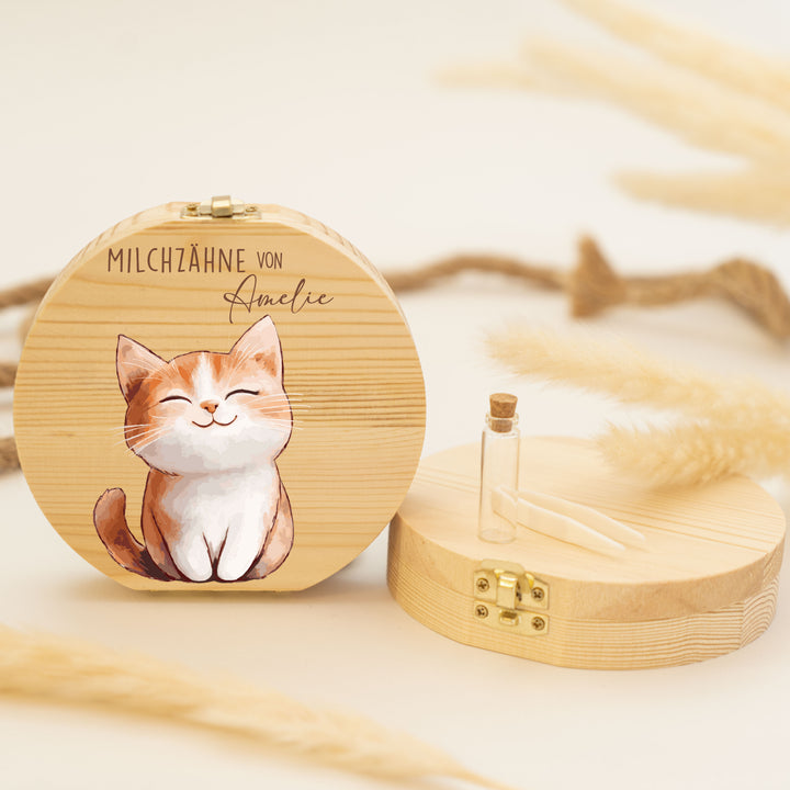 Personalisierte Zahndose mit Katzenmotiv | Holzbox für Milchzähne | Geschenk zum Geburtstag, zur Taufe & Zahnfee
