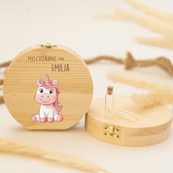 Personalisierte Zahndose mit Einhornmotiv | Magische Holzbox für Milchzähne | Geschenk zur Taufe, Einschulung & Zahnfee