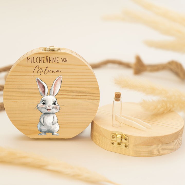 Personalisierte Zahndose mit Hasenmotiv | Holzbox für Milchzähne | Geschenk zur Taufe & zum Geburtstag
