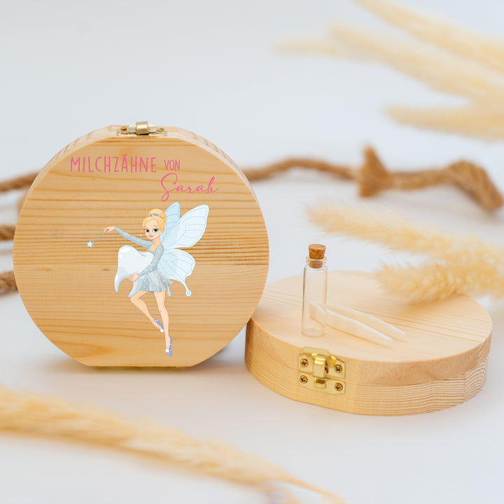 Personalisierte Zahndose mit Fee-Motiv  | Zauberhafte Holzbox für Milchzähne | Geschenk zur Zahnfee, Taufe & Einschulung