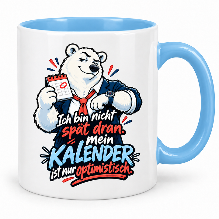 Eisbär-Tasse – Kalender optimistisch – Blau