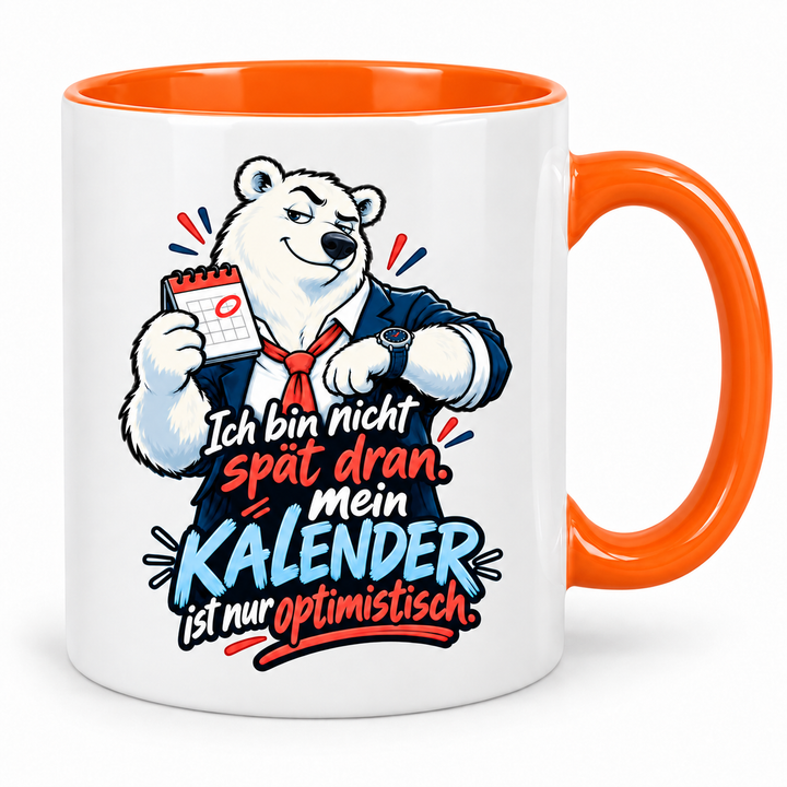 Eisbär-Tasse – Kalender optimistisch – Orange