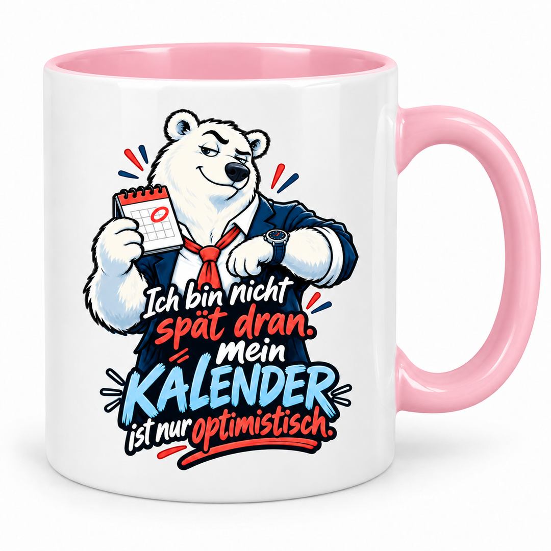 Eisbär-Tasse – Kalender optimistisch – Rosa