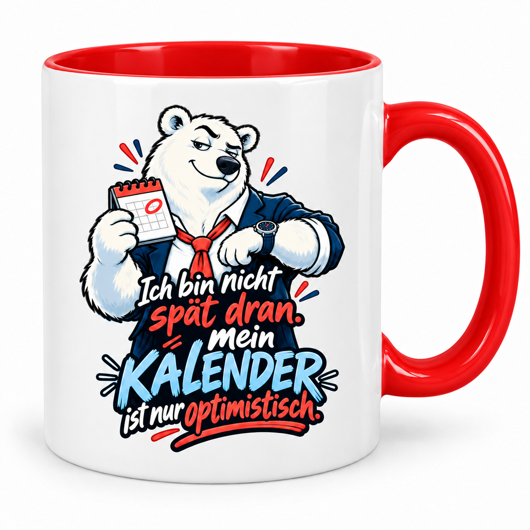 Eisbär-Tasse – Kalender optimistisch – Rot
