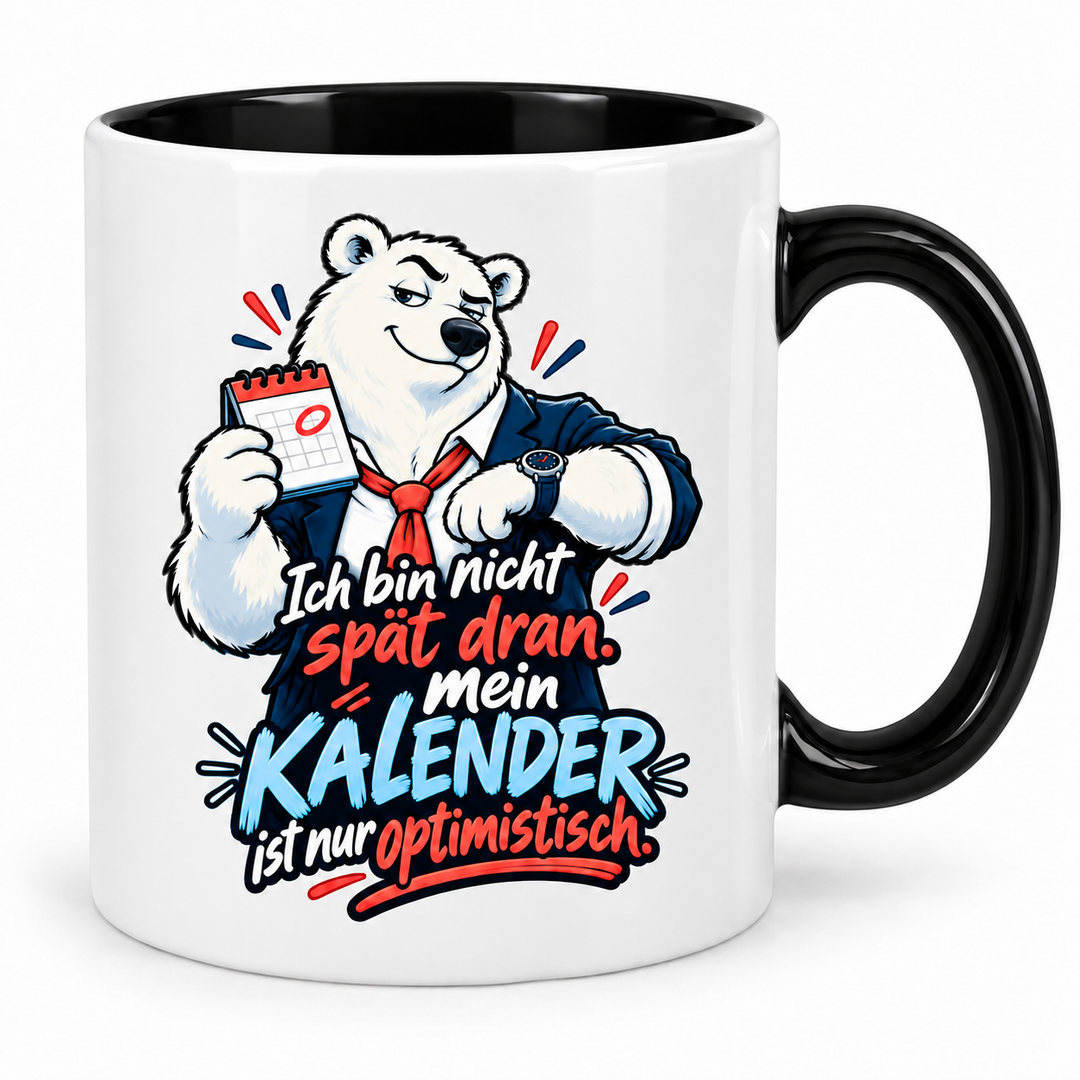 Eisbär-Tasse – Kalender optimistisch – Schwarz