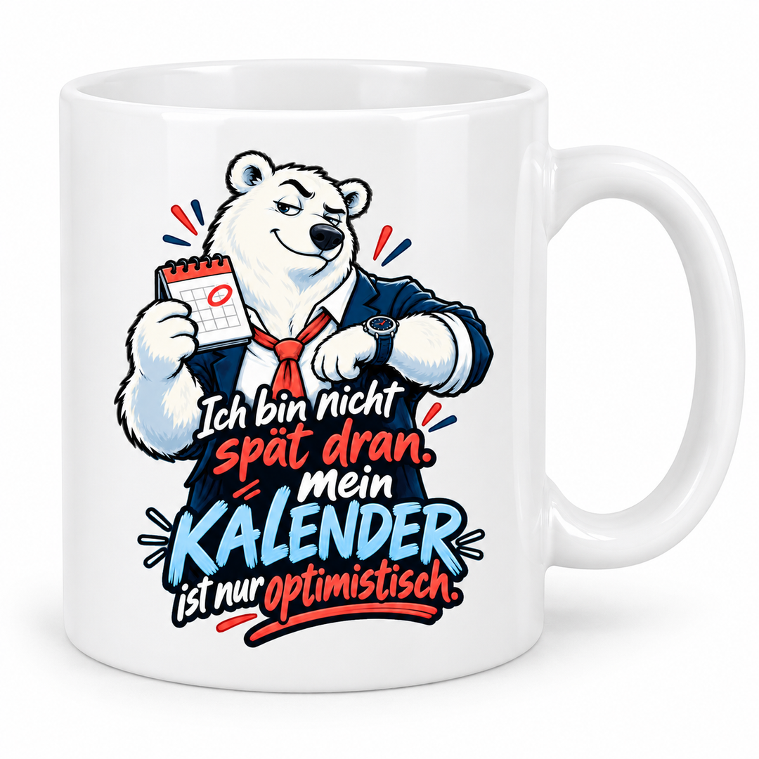 Eisbär-Tasse – Kalender optimistisch – Weiß