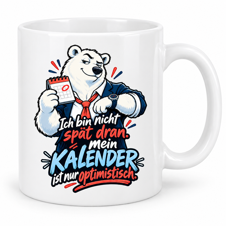 Eisbär-Tasse – Kalender optimistisch – Weiß