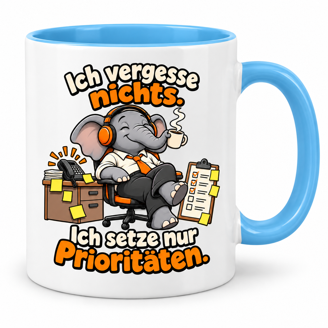Elefanten-Tasse in Blau – Ich vergesse nichts. Ich setze nur Prioritäten.