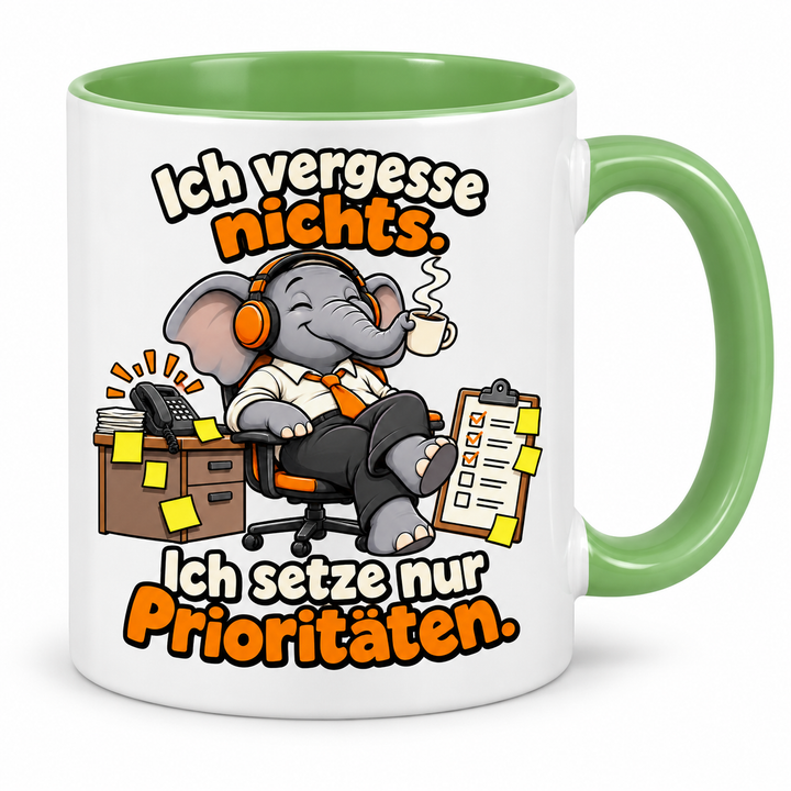 Elefanten-Tasse in Grün – Ich vergesse nichts. Ich setze nur Prioritäten.