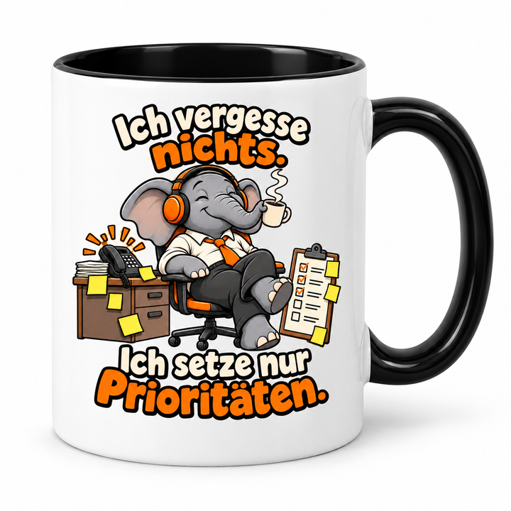 Elefanten-Tasse in Schwarz – Ich vergesse nichts. Ich setze nur Prioritäten.