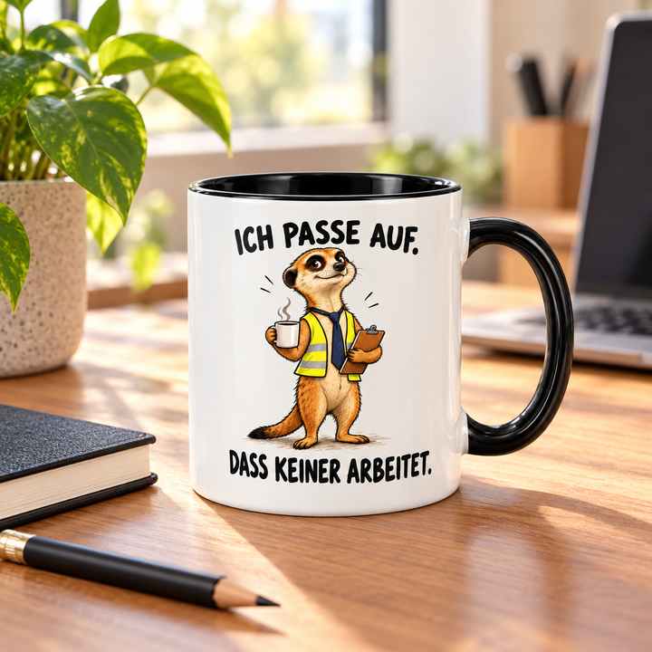 Lustige Erdmännchen-Tasse im Büro