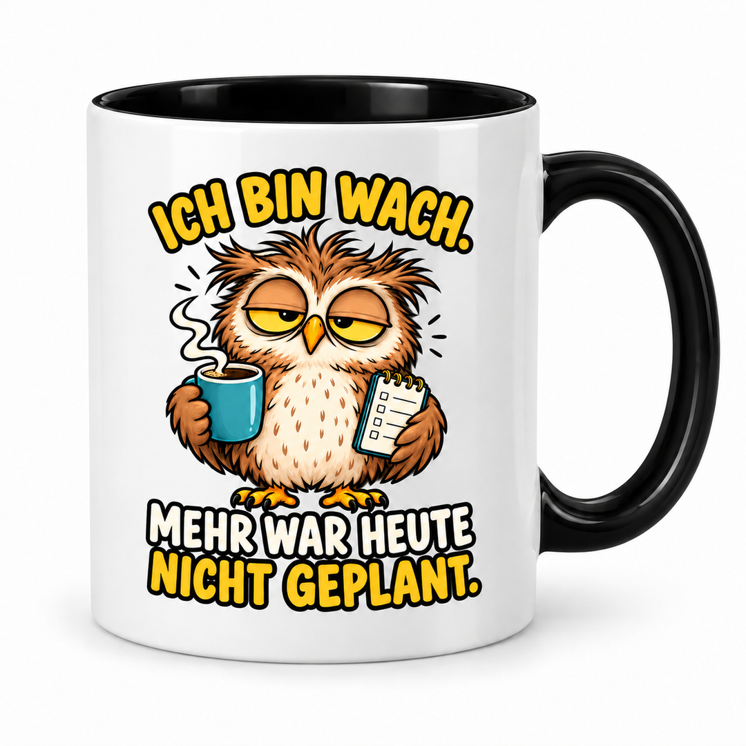 Eulen-Tasse Ich bin wach – Schwarz