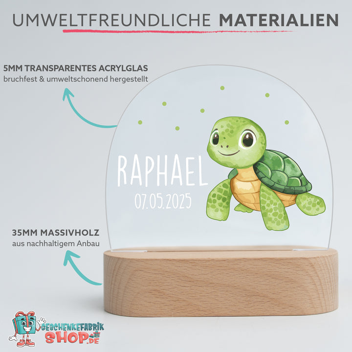 Personalisierte LED-Nachtlampe – Schildkröte mit Name | Kinderzimmerlampe mit 3 Sockeloptionen