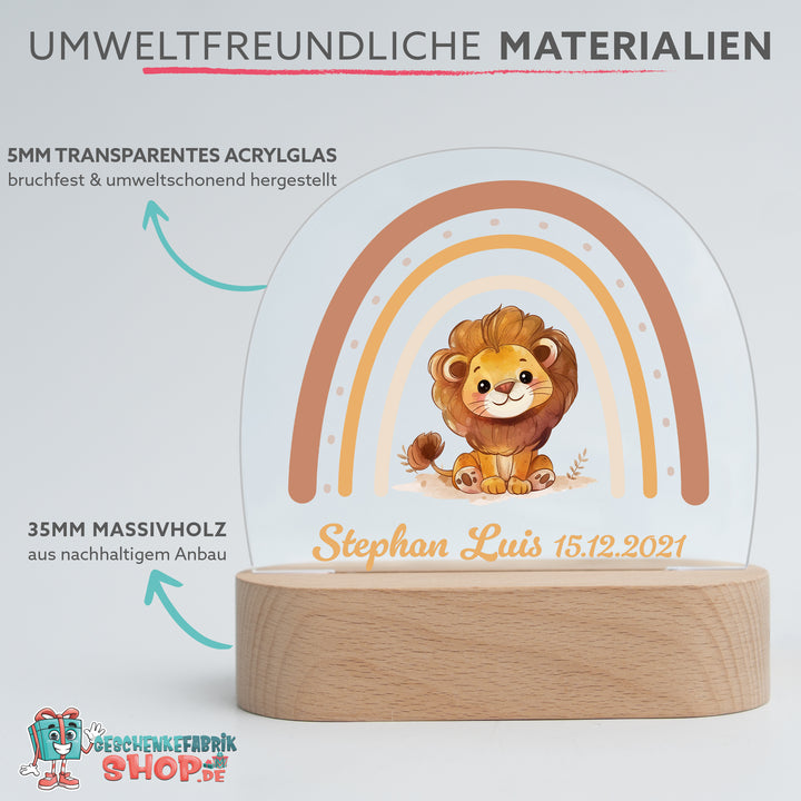 Personalisierte LED-Nachtlampe – Regenbogen-Löwe mit Name