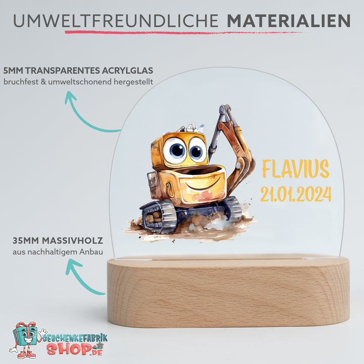 Personalisierte LED-Nachtlampe – Bagger mit Name (Motiv 2)