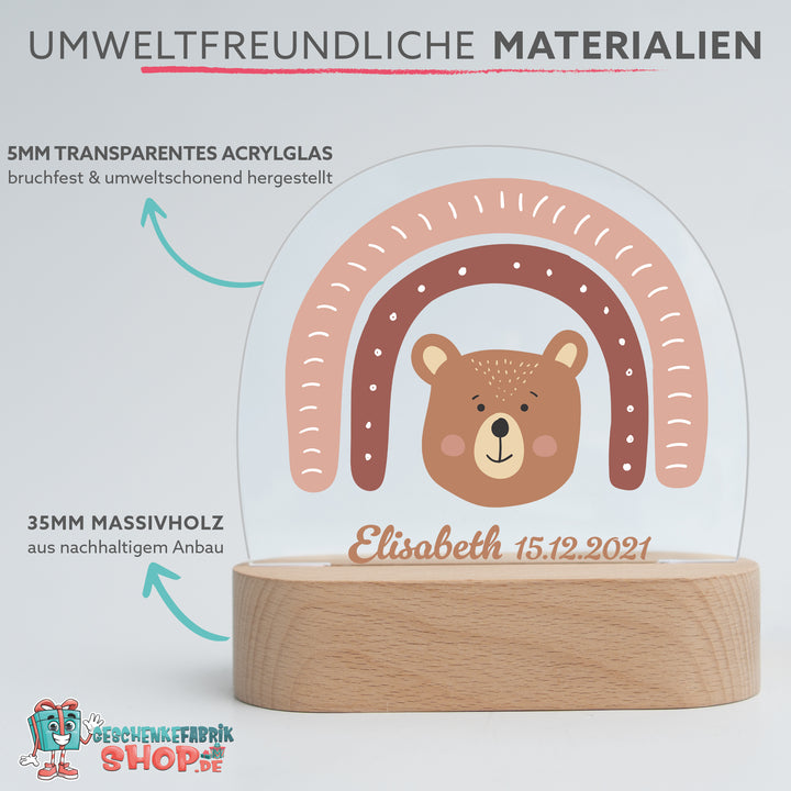 Personalisierte LED-Nachtlampe – Regenbogen-Bär mit Name