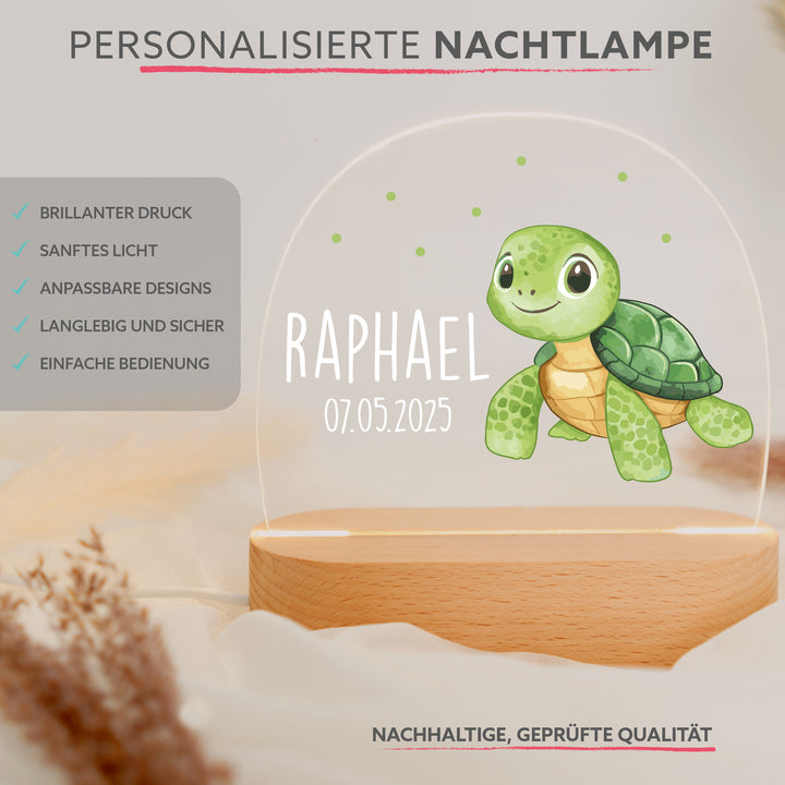 Personalisierte LED-Nachtlampe – Schildkröte mit Name | Kinderzimmerlampe mit 3 Sockeloptionen