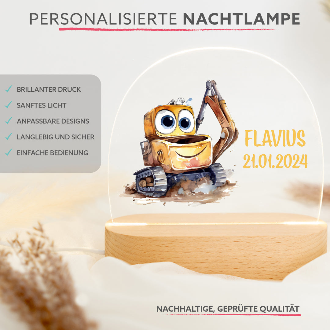 Personalisierte LED-Nachtlampe – Bagger mit Name (Motiv 2)