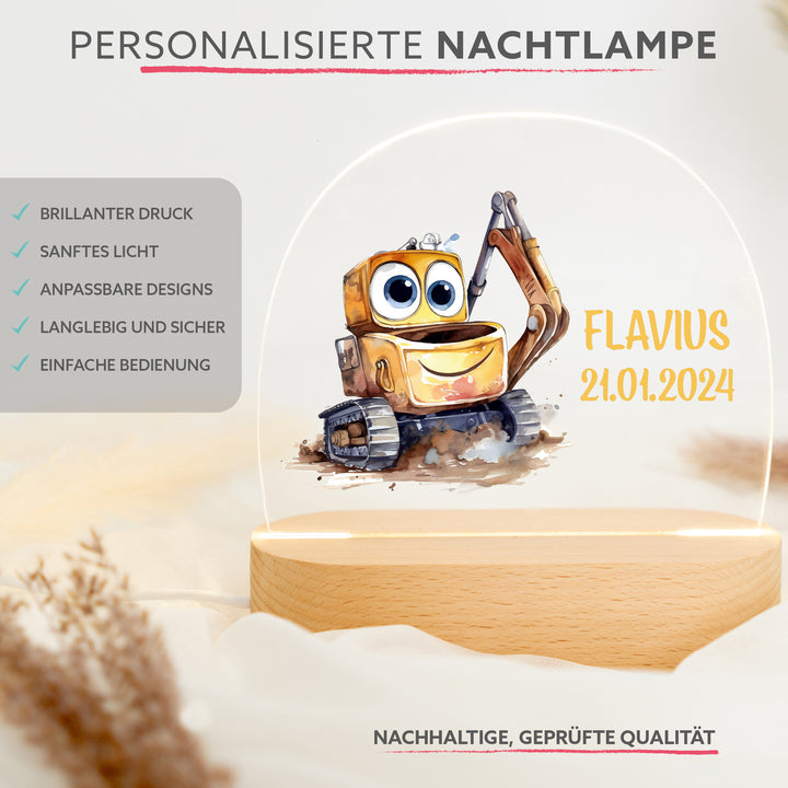 Personalisierte LED-Nachtlampe – Bagger mit Name (Motiv 2)