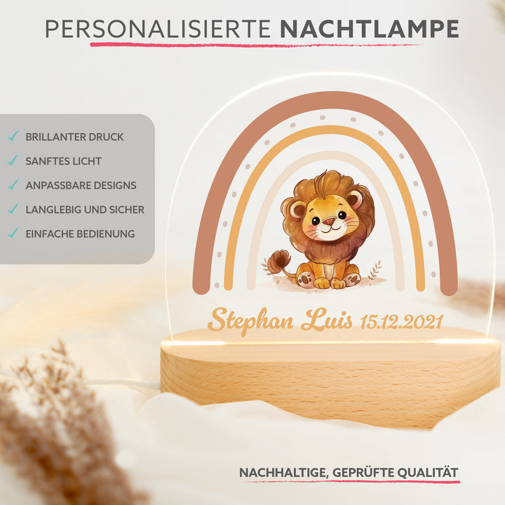 Personalisierte LED-Nachtlampe – Regenbogen-Löwe mit Name