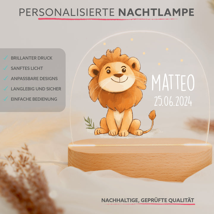 Personalisierte LED-Nachtlampe – Mutiger Löwe mit Name
