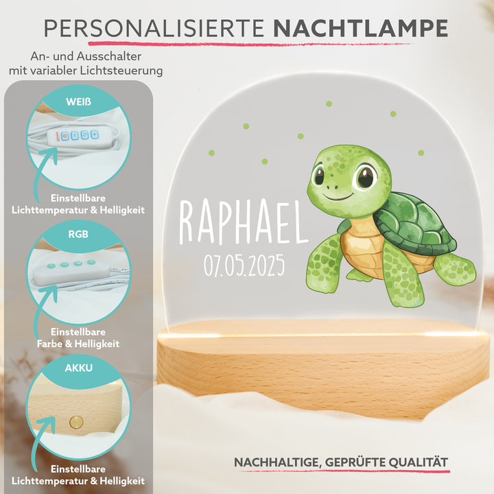 Personalisierte LED-Nachtlampe – Schildkröte mit Name | Kinderzimmerlampe mit 3 Sockeloptionen