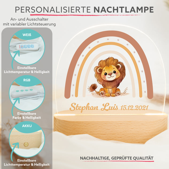 Personalisierte LED-Nachtlampe – Regenbogen-Löwe mit Name