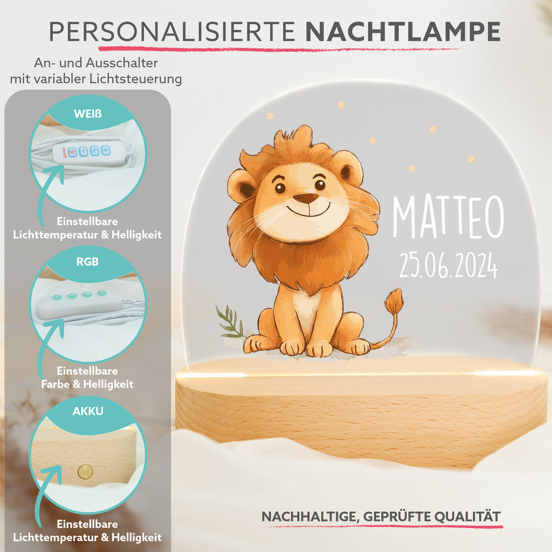 Personalisierte LED-Nachtlampe – Mutiger Löwe mit Name