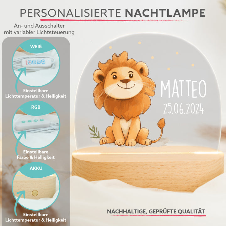 Personalisierte LED-Nachtlampe – Mutiger Löwe mit Name