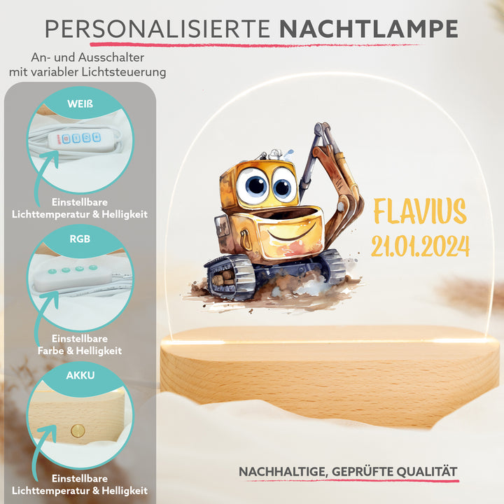 Personalisierte LED-Nachtlampe – Bagger mit Name (Motiv 2)