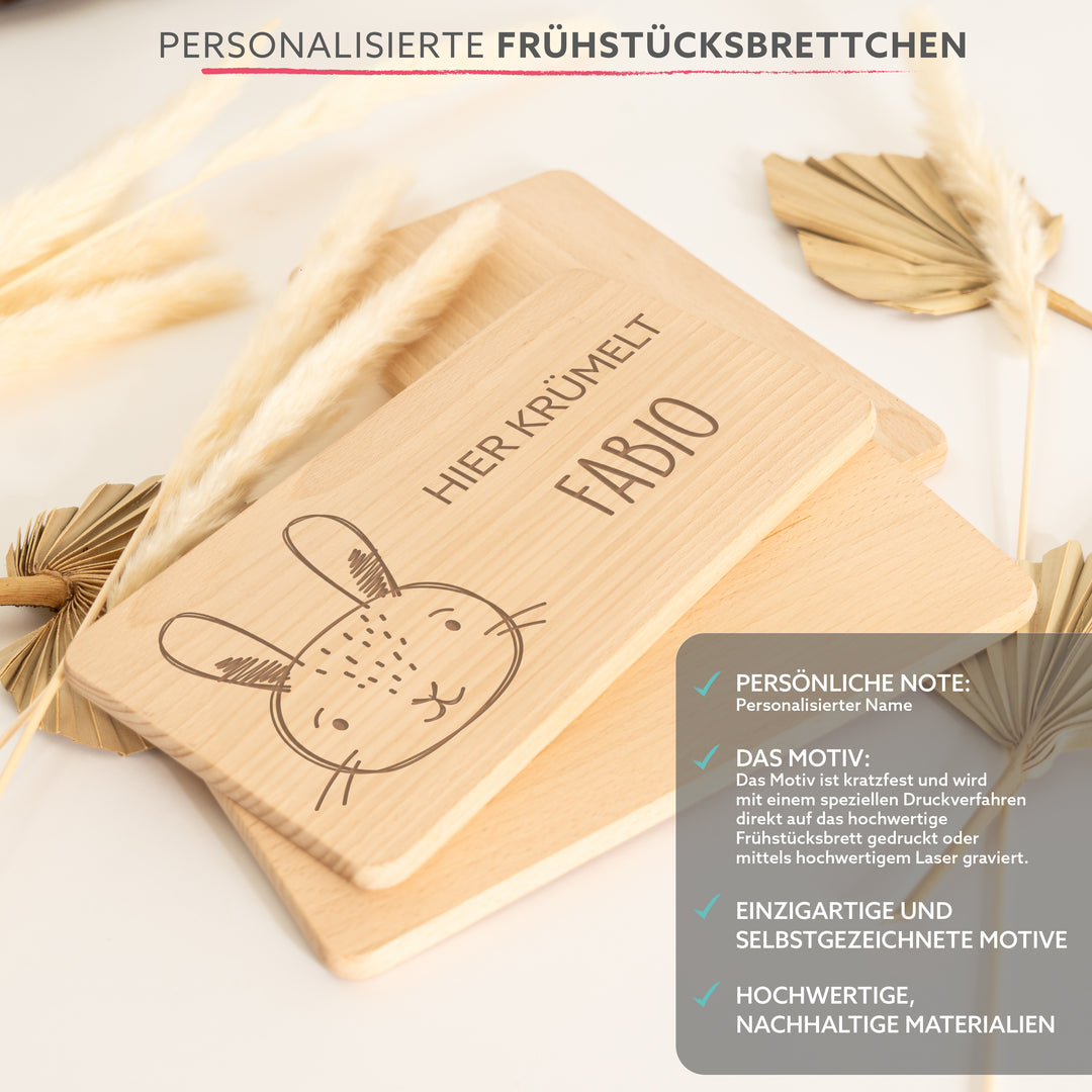 Frühstücksbrett Hase – Personalisiertes Holzbrett mit Name – Geschenk für Kinder & Babys