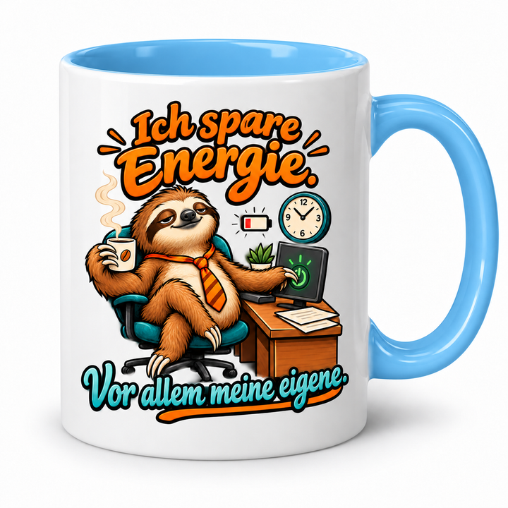 Faultier-Tasse in Blau – Ich spare Energie