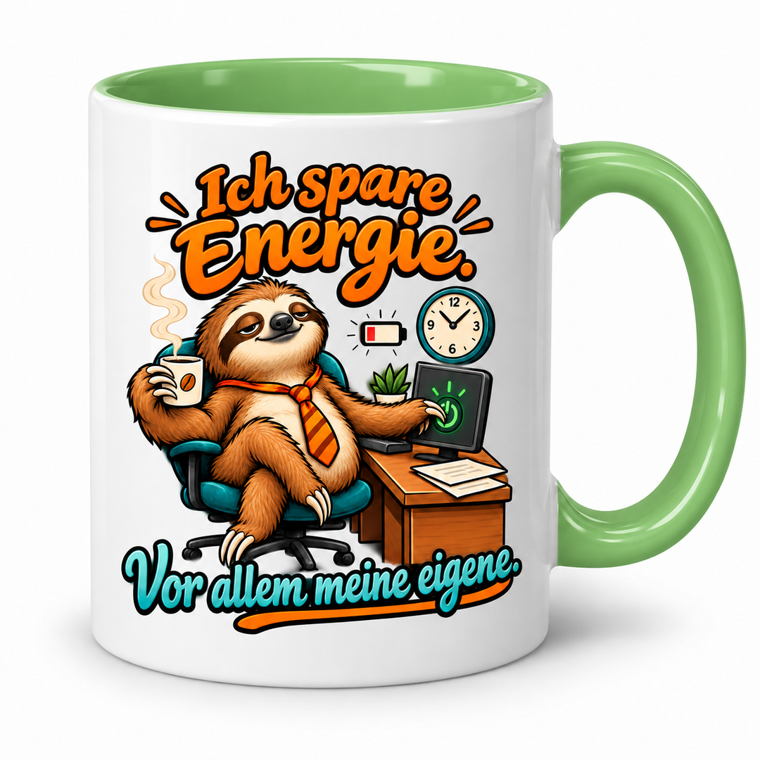 Faultier-Tasse in Grün – Ich spare Energie